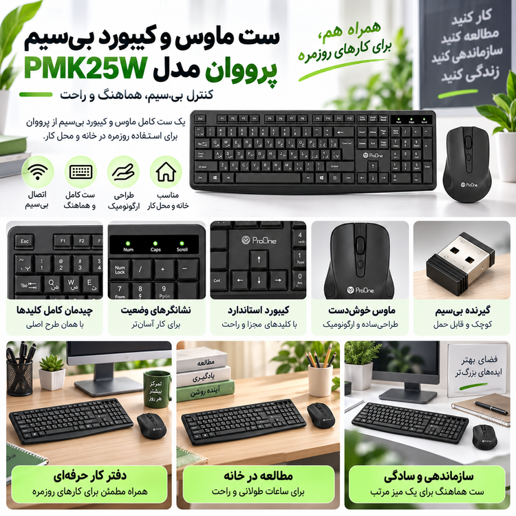 ست ماوس و کیبورد بی سیم پرووان مدل PMK25W
